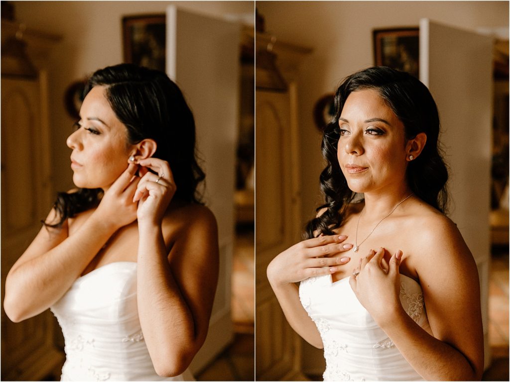 bride putting on earrings at backyard palm springs wedding venue