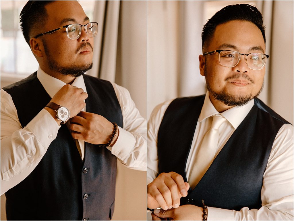 groom adjusting his tie at backyard palm springs wedding venue