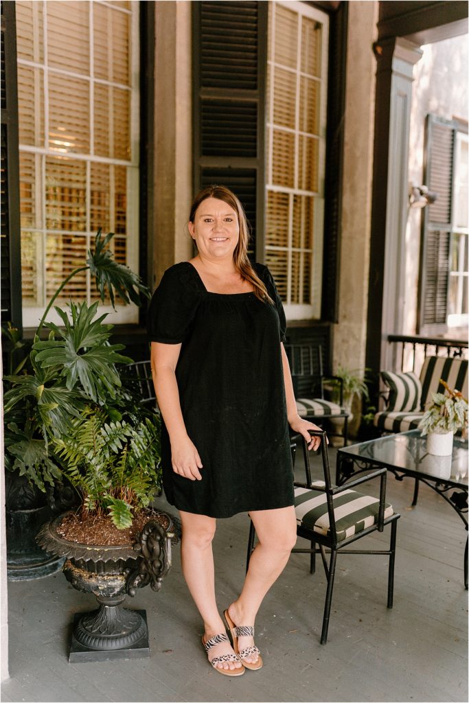 Meg with Elegant Savannah Weddings in front of Harper Fowlkes House Savannah GA
