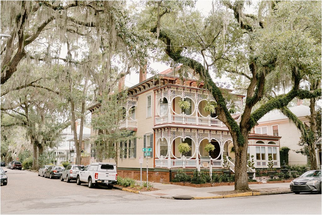 Gingerbread House Wedding Venue outside view with oak trees